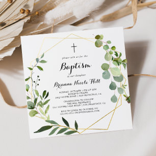 Invitación Oro Geométrico Caligrafía Verde Tropical Bautismo