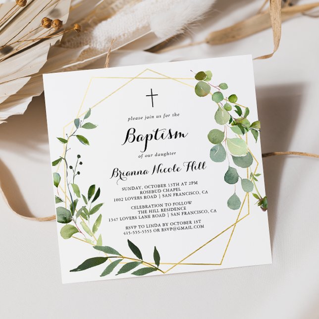 Invitación Oro Geométrico Caligrafía Verde Tropical Bautismo (Subido por el creador)