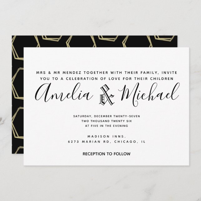 Invitación Oro geométrico moderno y Boda simple negro (Anverso / Reverso)