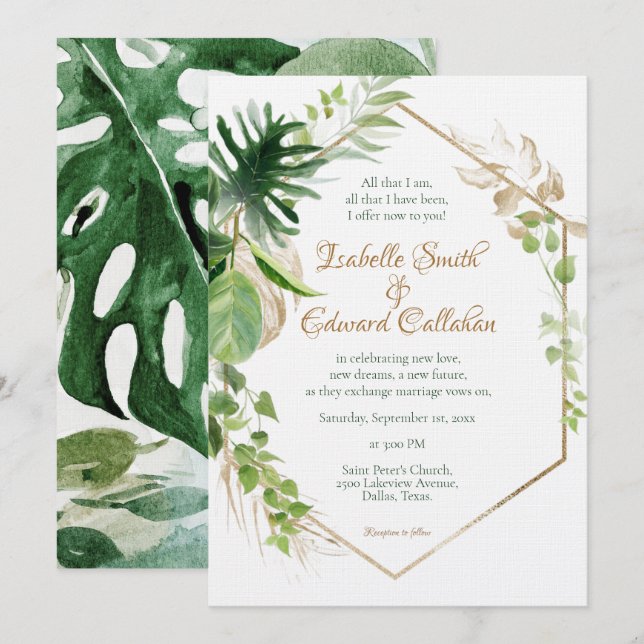 Invitación Oro geométrico Palm Verde Tropical Boda (Anverso / Reverso)