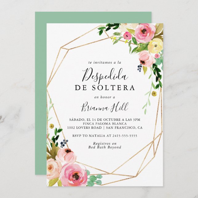 Invitación Oro Geométrico Tropical Caída Ducha Bridal Español (Anverso / Reverso)
