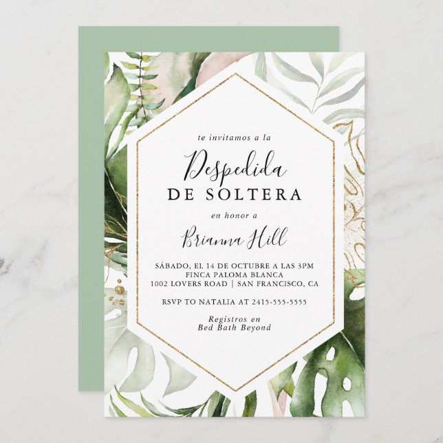Invitación Oro geométrico Tropical Español Ducha Bridal (Anverso / Reverso)