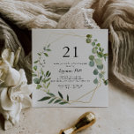 Invitación Oro Geométrico Tropical Verde 21 Fiesta de cumplea<br><div class="desc">Esta invitación geométrica de oro tropical verde 21 cumpleaños es perfecta para una simple celebración de cumpleaños. El diseño está decorado con hermosas hojas verdes pintadas a mano,  adornando un marco geométrico dorado.</div>