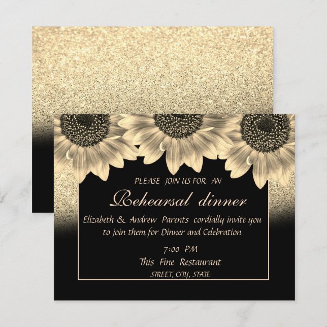 Invitación Oro, Girasoles, Cena de Ensayo con Brillo (Anverso / Reverso)