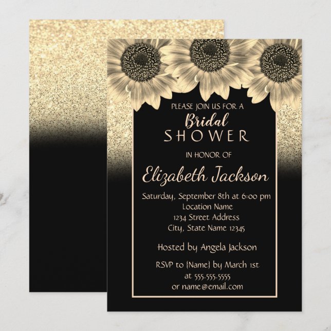 Invitación Oro, girasoles, ducha Purpurina de novia (Anverso / Reverso)