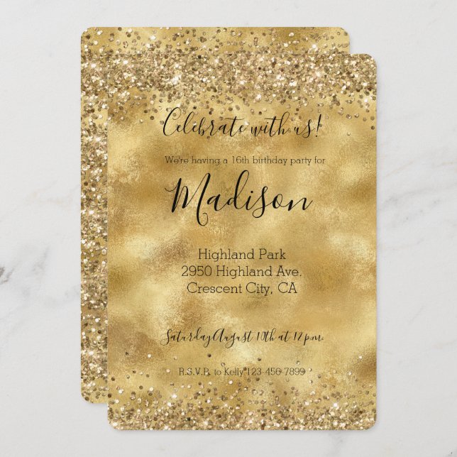 Invitación Oro Glam Brillante Brillo Confeti   (Anverso / Reverso)