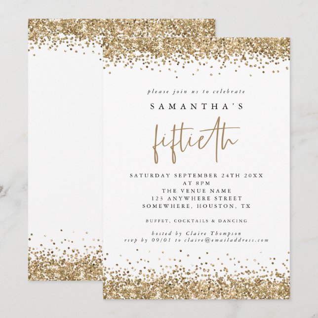Invitación Oro Glam Brillante Cumpleaños Cincuenta Blanco (Anverso / Reverso)