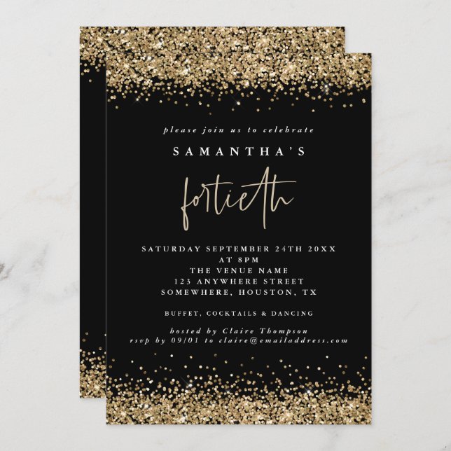 Invitación Oro Glam Brillante Cumpleaños Cuarenta Negra (Anverso / Reverso)