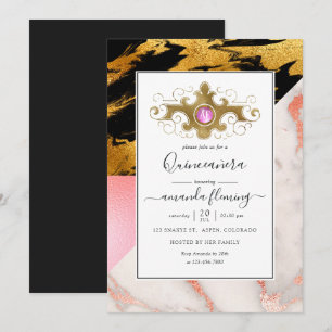Invitación Oro Glam Brillante Mármol Monograma Quinceañera