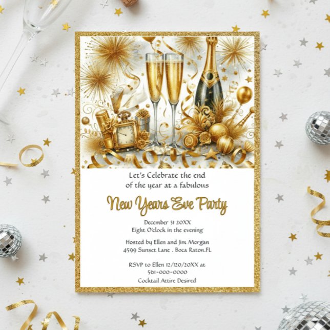 Invitación Oro glamoroso en Fiesta blanco de Año Nuevo (Elegant Gold Glitter New Years Eve Party Template Invitation )