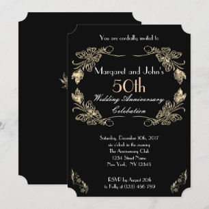 Invitación Oro glamoroso y aniversario negro de 50 años Bodas