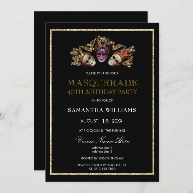 Invitación Oro Glamuroso Brillante Mascarada Cumpleaños 40 (Anverso / Reverso)