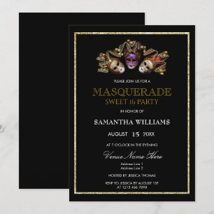 Invitación Oro Glamuroso Brillante Mascarada Dulces 16