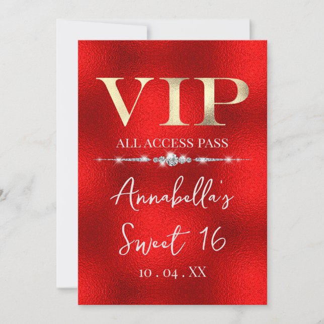 Invitación Oro Glamuroso VIP sobre Rojo (Anverso)