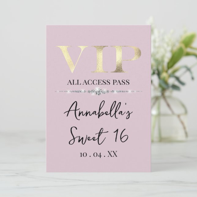 Invitación Oro Glamuroso VIP sobre Rosa (Anverso de pie)