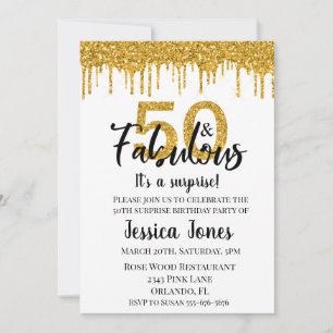 Invitación Oro Glitter 50 y Fabuloso Cumpleaños Sesenta Sorpr