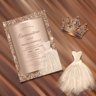 Invitación Oro Glitter Cobre Metálico Elegante Quinceañera