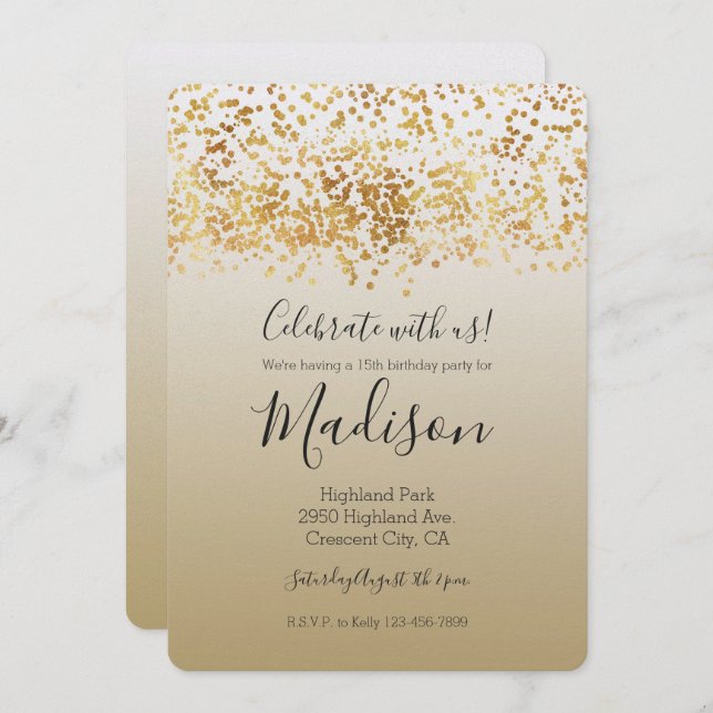 Invitación Oro Glitzy Confetti Ombre (Anverso / Reverso)
