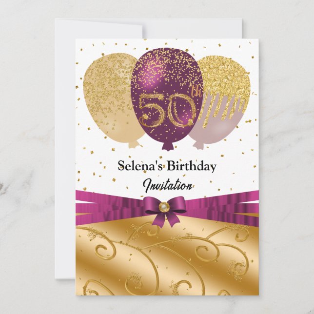 Invitación Oro, globos de Fuchsia y cinta de seda 50 cumpleañ (Anverso)
