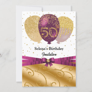 Invitación Oro, globos de Fuchsia y cinta de seda 50 cumpleañ