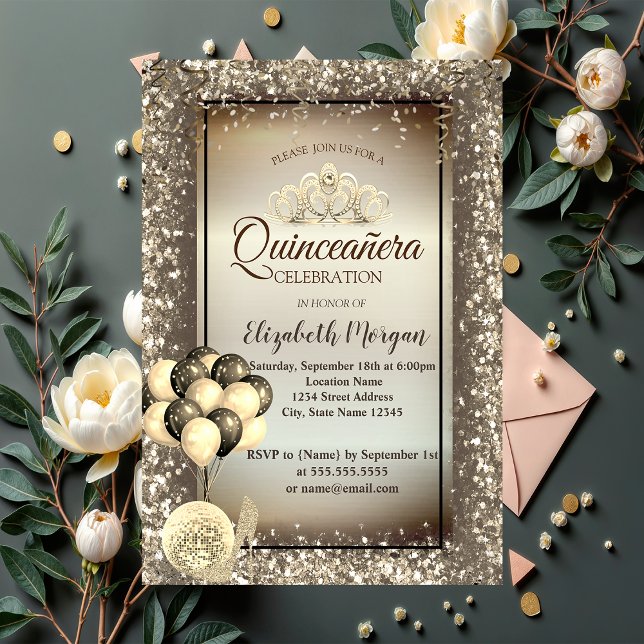 Invitación Oro, globos, talones, Tiara Brown Quinceañera (Subido por el creador)