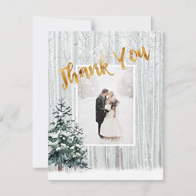 Invitación Oro Gracias, Boda De Invierno Nieves Árboles (Anverso)