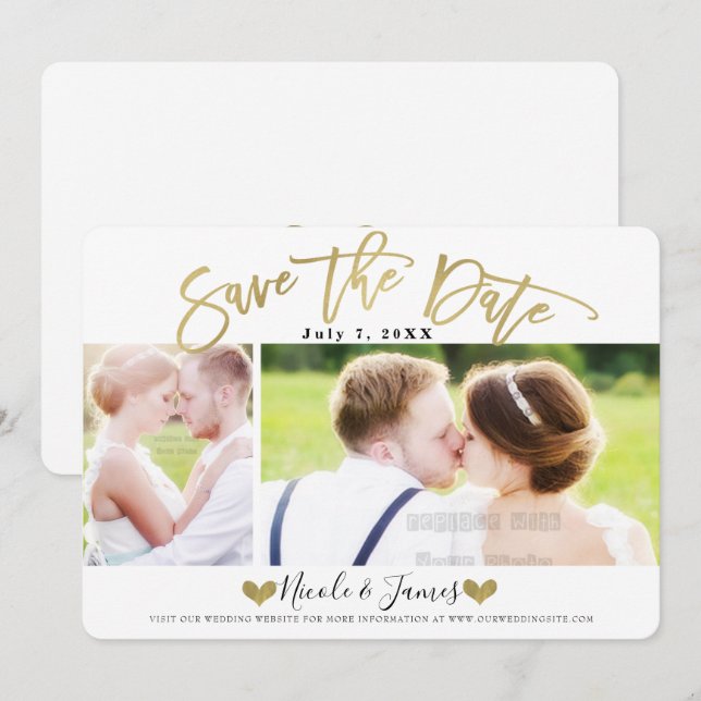 Invitación Oro Guardar la Fecha Moderno Foto Boda Compromiso (Anverso / Reverso)