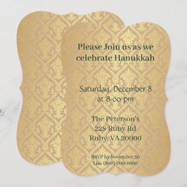 Invitación Oro Hanukkah y verde esmeralda (Anverso / Reverso)