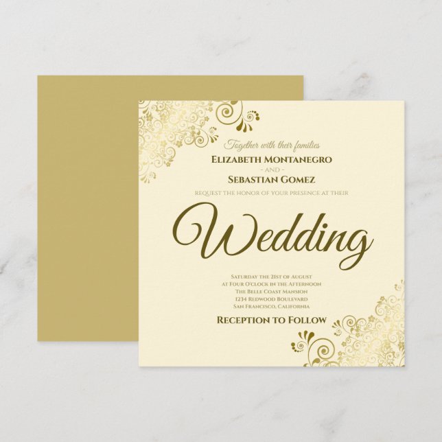 Invitación Oro lacado en crema de marfil elegante Boda cuadra (Anverso / Reverso)