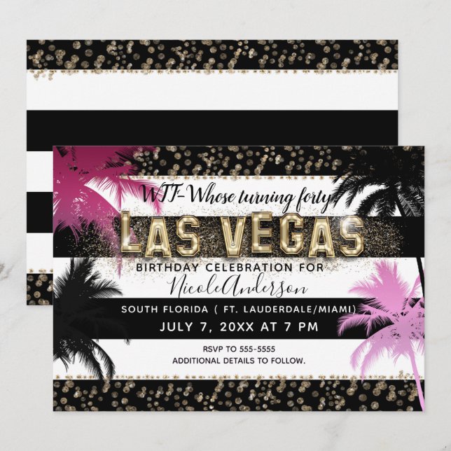 Invitación Oro LAS VEGAS Palmeras Brillantes Fiesta de Cumple (Anverso / Reverso)