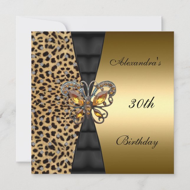 Invitación Oro leopardo Animal Mariposa de cumpleaños 30 2 (Anverso)