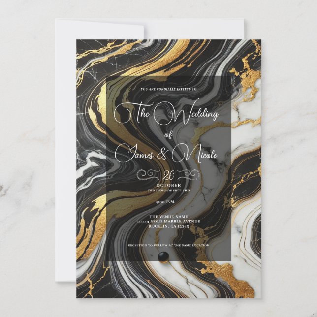 Invitación Oro líquido Marble blanco negro luce Glam Boda (Anverso)