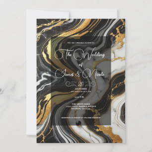 Invitación Oro Líquido Negro Mármol con Aspecto Blanco Glam B