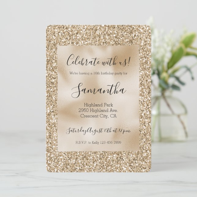 Invitación Oro Luxe Glitter Cumpleaños 16    (Anverso de pie)