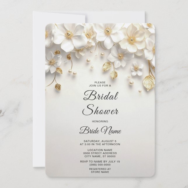 Invitación Oro marfil blanco floral deja ducha de novia (Anverso)