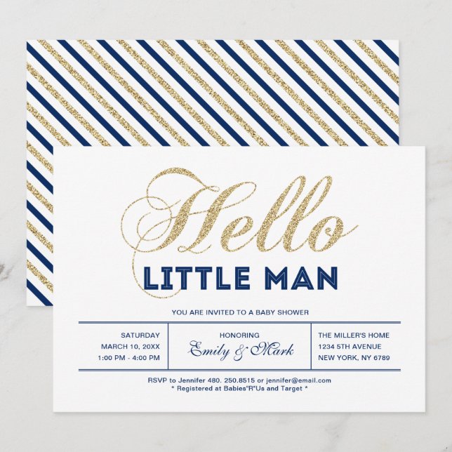 Invitación Oro, marina | Moderna Typography Boy Baby Shower (Anverso / Reverso)