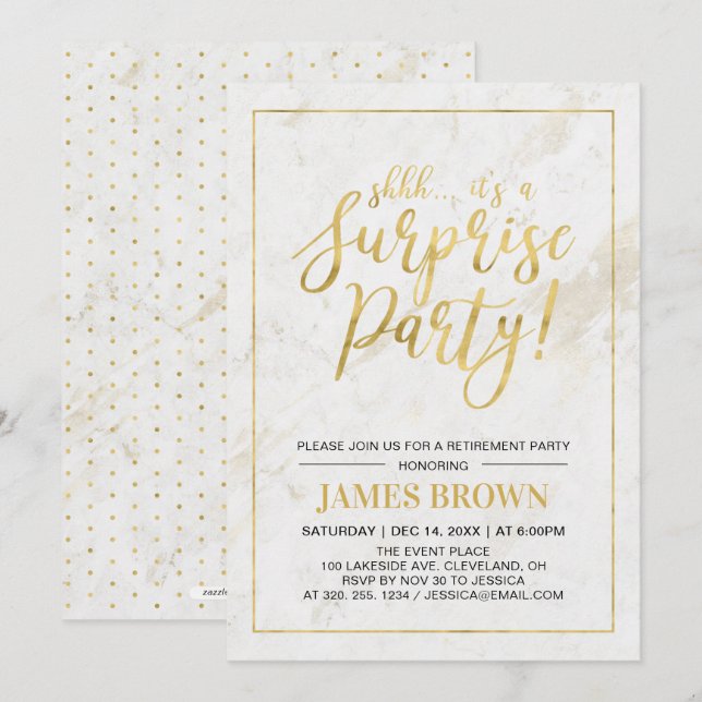Invitación Oro & Mármol | Fiesta de Jubilación Sorpresa Moder (Anverso / Reverso)