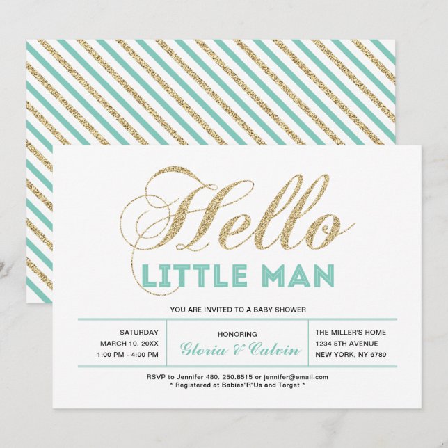 Invitación Oro, menta | Moderna Typography Boy Baby Shower (Anverso / Reverso)