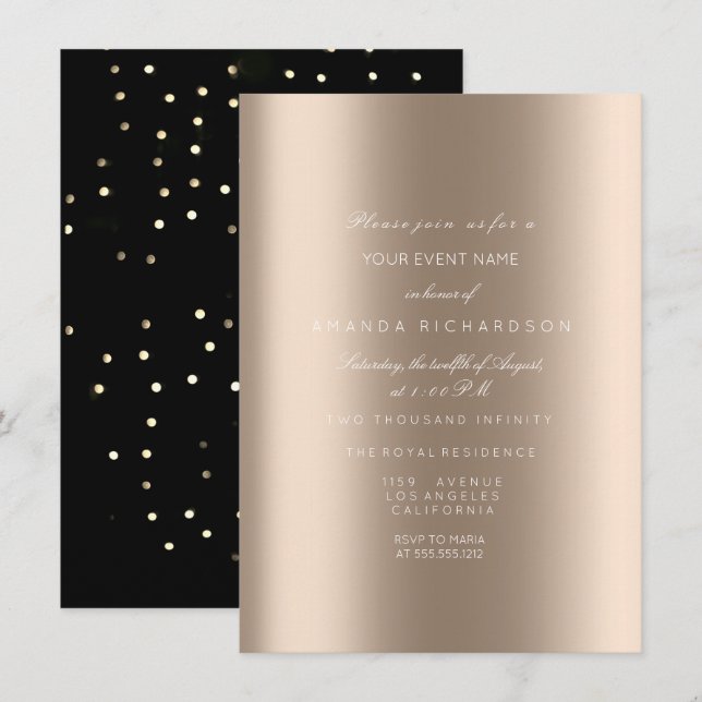 Invitación Oro Metálico Brillante Negro Confeti Marfil Beige (Anverso / Reverso)