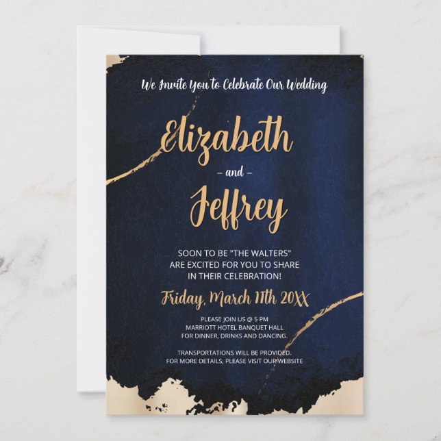 Invitación Oro Metálico Bruñido | Textura Azul Oscuro (Anverso)