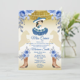 Invitación Oro Mexicano Rosas Azules Flores Quinceañera