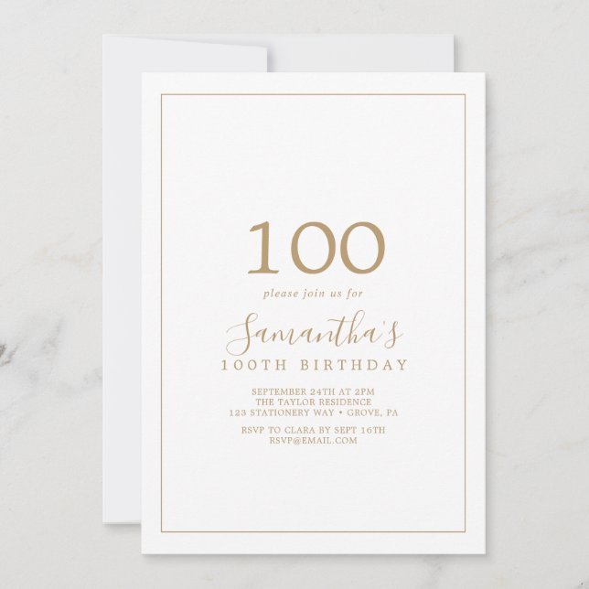 Invitación Oro minimalista 100 cumpleaños (Anverso)