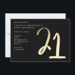 Invitación Oro Minimalista moderno Tipo 21 cumpleaños<br><div class="desc">La minimalista y moderna invitación a la fiesta de cumpleaños 21 incluye elegante Relieve metalizado de oro falso número manuscrito manuscrito 21 y los detalles de su fiesta en el clásico tipo de letra serif con color de fondo negro, simple y elegante, gran sorpresa invitación de cumpleaños para adultos para...</div>