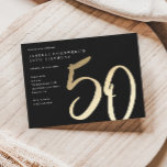 Invitación Oro Minimalista moderno Tipo 50 cumpleaños<br><div class="desc">La minimalista y moderna invitación a la fiesta de cumpleaños número 50 incluye el elegante Relieve metalizado de oro falso número manuscrito 50 y los detalles de su fiesta en el clásico tipo de letra serif en color de fondo negro, simple y elegante, gran sorpresa invitación de cumpleaños para adultos...</div>