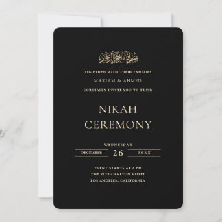 Invitación Oro Mínimo Formal Script Ceremonia de Nikah Negra