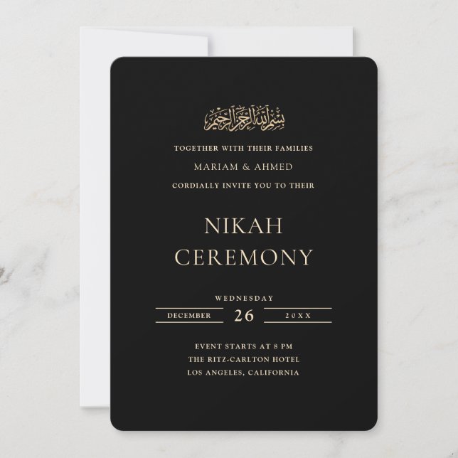 Invitación Oro Mínimo Formal Script Ceremonia de Nikah Negra (Anverso)