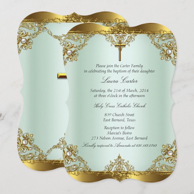 Invitación Oro Mint Pearla Damasceno Cruz Bautizo 3 (Anverso / Reverso)