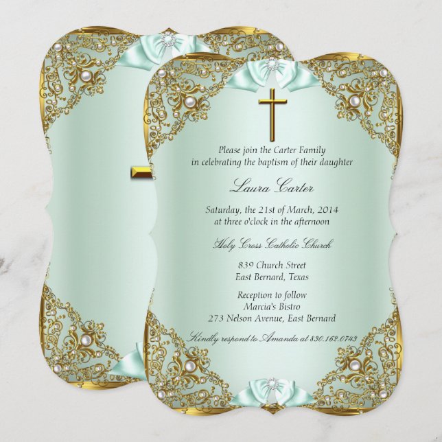 Invitación Oro Mint Pérola Damask Cruz Bautizo (Anverso / Reverso)