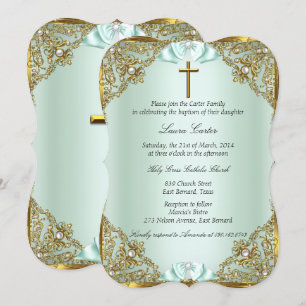 Invitación Oro Mint Pérola Damask Cruz Bautizo