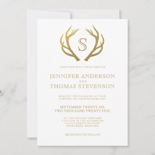 INVITACIÓN ORO MODA| MONOGRAM BODA RUSTIC DEER (Anverso)